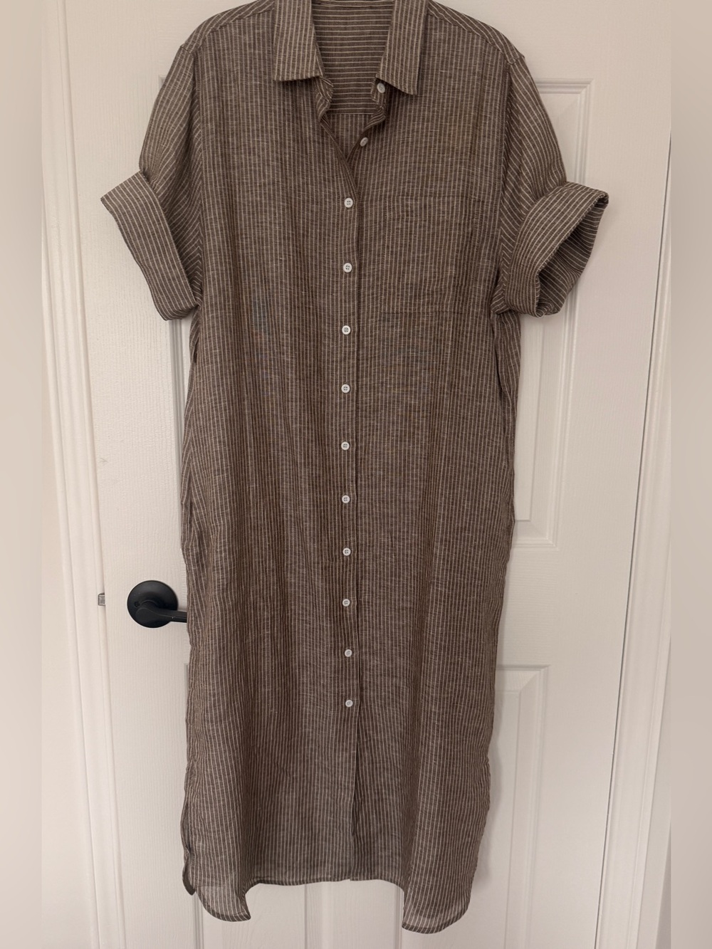 Brunello Cucinelli Brown-and-Cream Striped Linen Maxi Shirt Dress(OEM)
